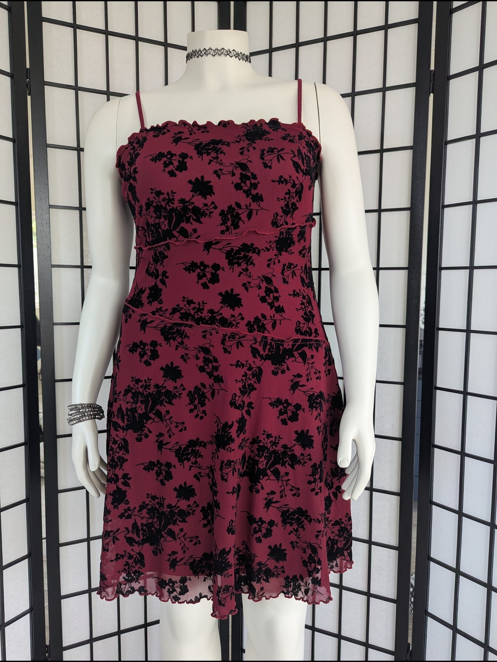 Cider Curve Spaghetti-Strap Dress in Burgundy with Velvet Black Flowers 0XL